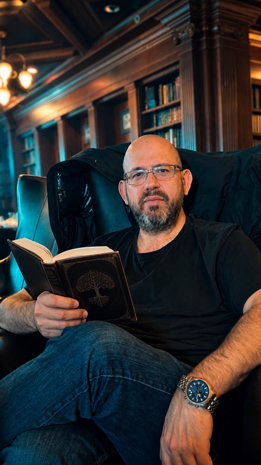 Yaron Gal Weis seated in a library holding a book